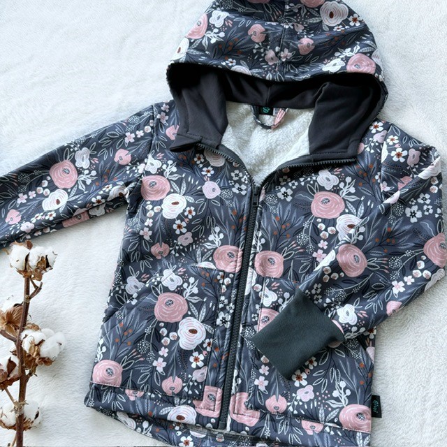 Kinder Softshelljacke mit Kapuze ROTE BLUMEN AUF GRAU