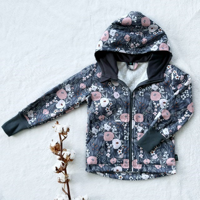 Kinder Softshelljacke mit Kapuze ROTE BLUMEN AUF GRAU