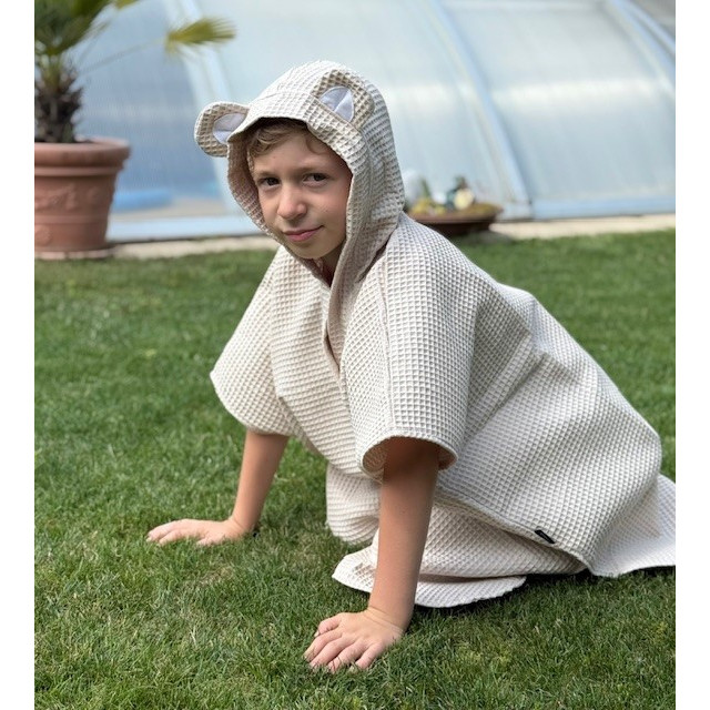 Kinder-Sommerponcho mit Kapuze und Öhrchen, beige