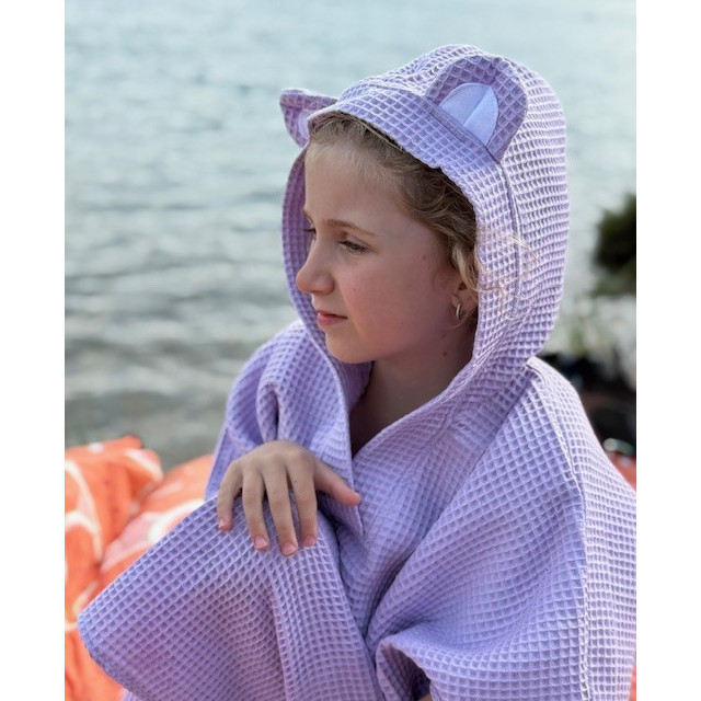 Kinderponcho mit Kapuze und lila Ohren