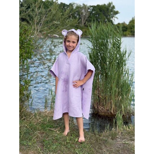 Kinderponcho mit Kapuze und lila Ohren